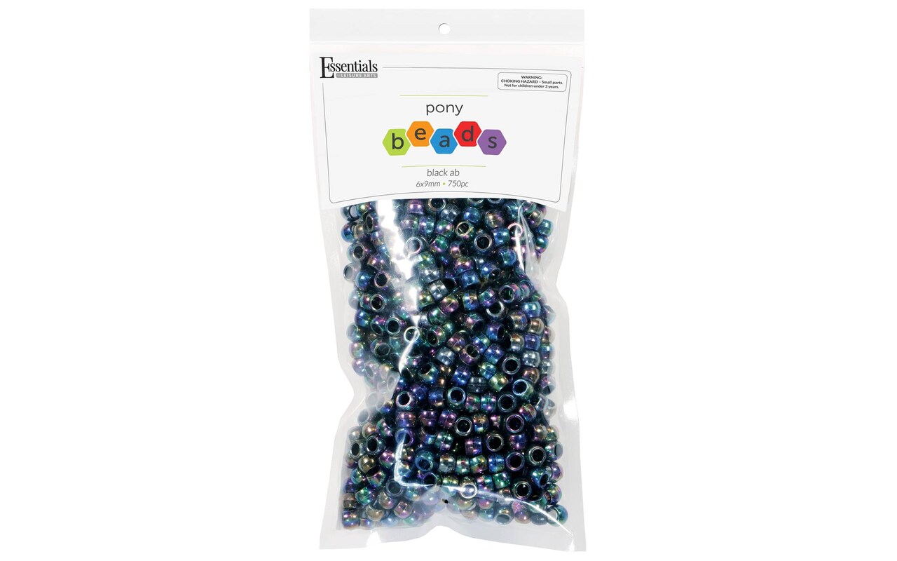 Essentials by Leisure Arts Pony Bead 6mm x 9mm Aurora Borealis Black Opaque  Plastic Pony Beads Bulk 750 pieces for Arts, Crafts, Bracelet, Necklace,  Jewelry Making, Earring, Hair Braiding